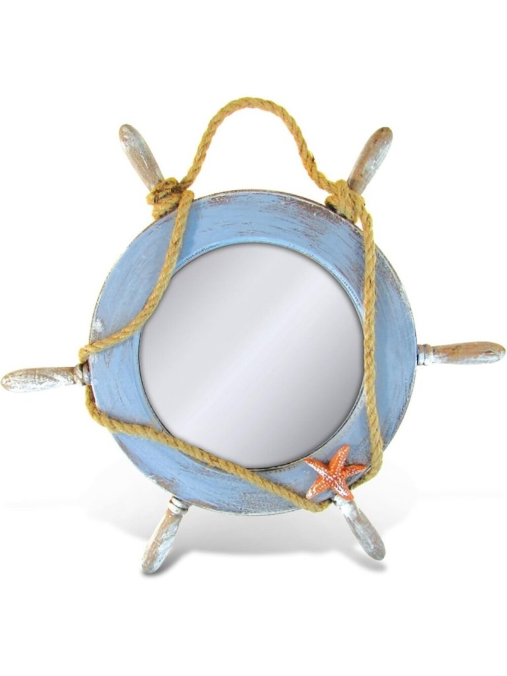 Nautical Decor Boat Wheel Mirror - Coastal Beach Wall Art with Rope & Starfish